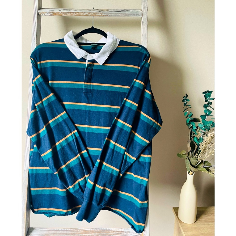 LONG SLEEVE OVERSIZED RUGBY POLO T-SHIRT " WILD FABLE" STRIPED UNISEX SHIRT.